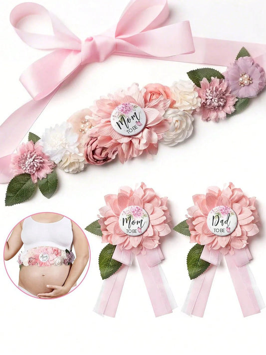 3pcs Set- Baby Shower Maternity Belly Band- Pink Floral Belly Band, Mom-To-Be & Dad-To-Be Corsage Pins, Gender Reveal Party, Welcome Baby Party, Maternity Floral Belly Band, Maternity Corsage Pins D
