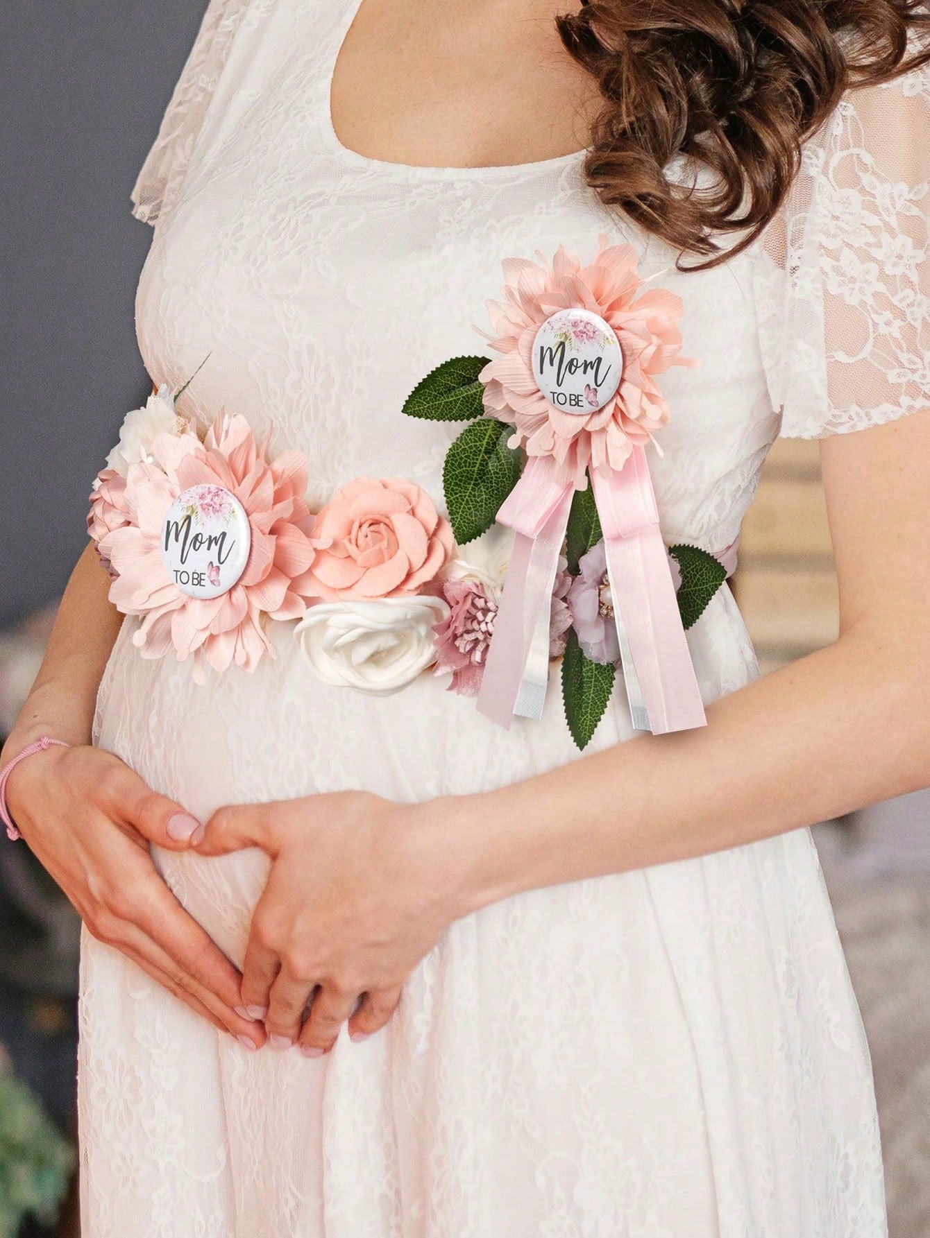 3pcs Set- Baby Shower Maternity Belly Band- Pink Floral Belly Band, Mom-To-Be & Dad-To-Be Corsage Pins, Gender Reveal Party, Welcome Baby Party, Maternity Floral Belly Band, Maternity Corsage Pins D