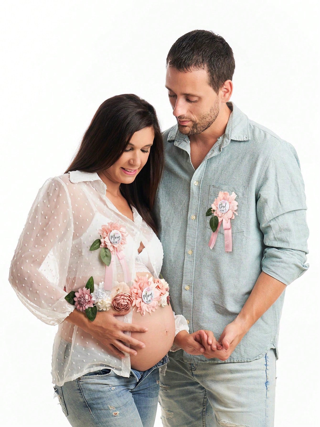 3pcs Set- Baby Shower Maternity Belly Band- Pink Floral Belly Band, Mom-To-Be & Dad-To-Be Corsage Pins, Gender Reveal Party, Welcome Baby Party, Maternity Floral Belly Band, Maternity Corsage Pins D