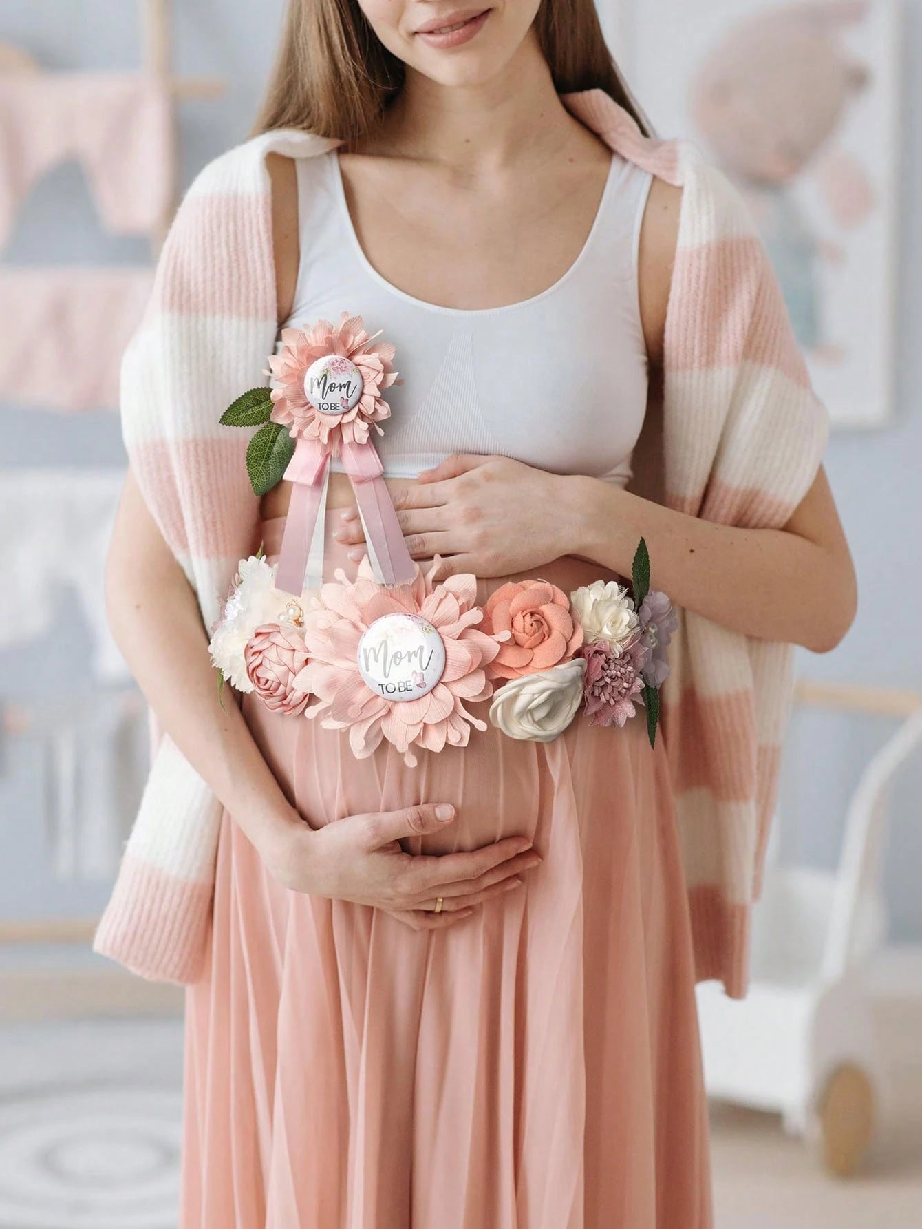 3pcs Set- Baby Shower Maternity Belly Band- Pink Floral Belly Band, Mom-To-Be & Dad-To-Be Corsage Pins, Gender Reveal Party, Welcome Baby Party, Maternity Floral Belly Band, Maternity Corsage Pins D