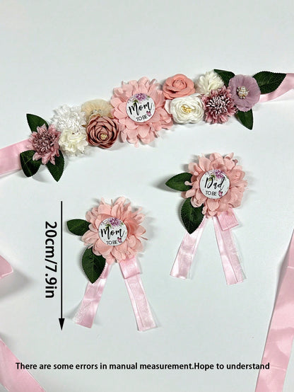 3pcs Set- Baby Shower Maternity Belly Band- Pink Floral Belly Band, Mom-To-Be & Dad-To-Be Corsage Pins, Gender Reveal Party, Welcome Baby Party, Maternity Floral Belly Band, Maternity Corsage Pins D