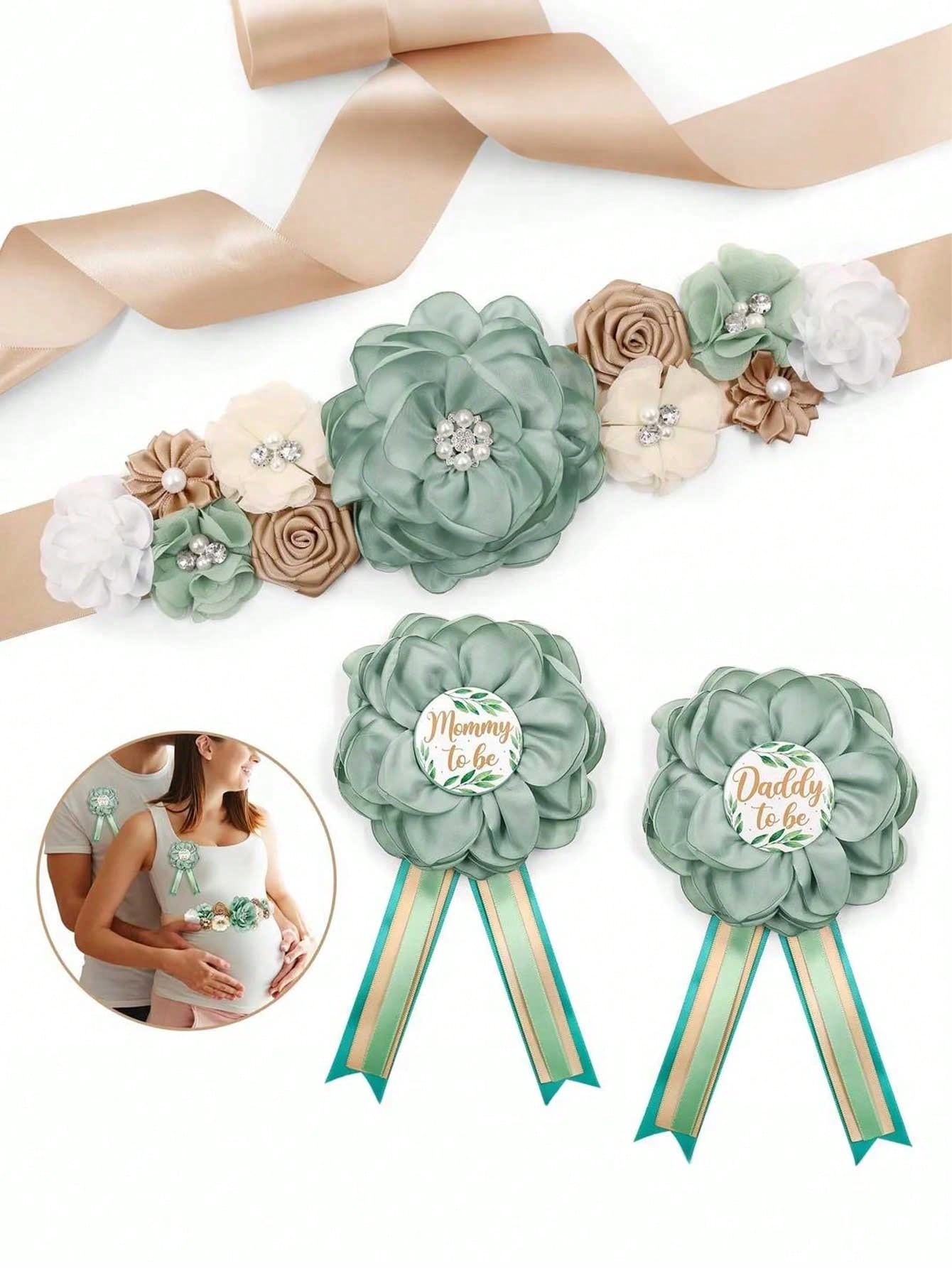 3pcs Set- Baby Shower Maternity Belly Band- Pink Floral Belly Band, Mom-To-Be & Dad-To-Be Corsage Pins, Gender Reveal Party, Welcome Baby Party, Maternity Floral Belly Band, Maternity Corsage Pins D
