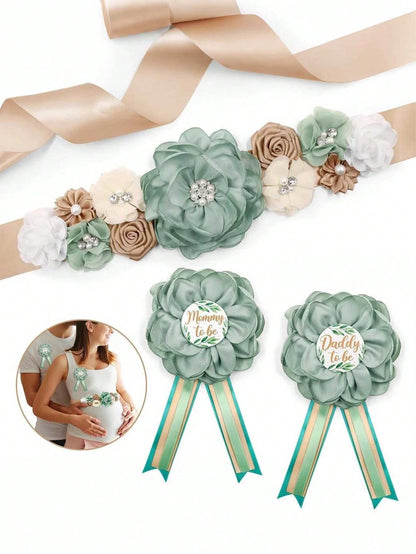 3pcs Set- Baby Shower Maternity Belly Band- Pink Floral Belly Band, Mom-To-Be & Dad-To-Be Corsage Pins, Gender Reveal Party, Welcome Baby Party, Maternity Floral Belly Band, Maternity Corsage Pins D
