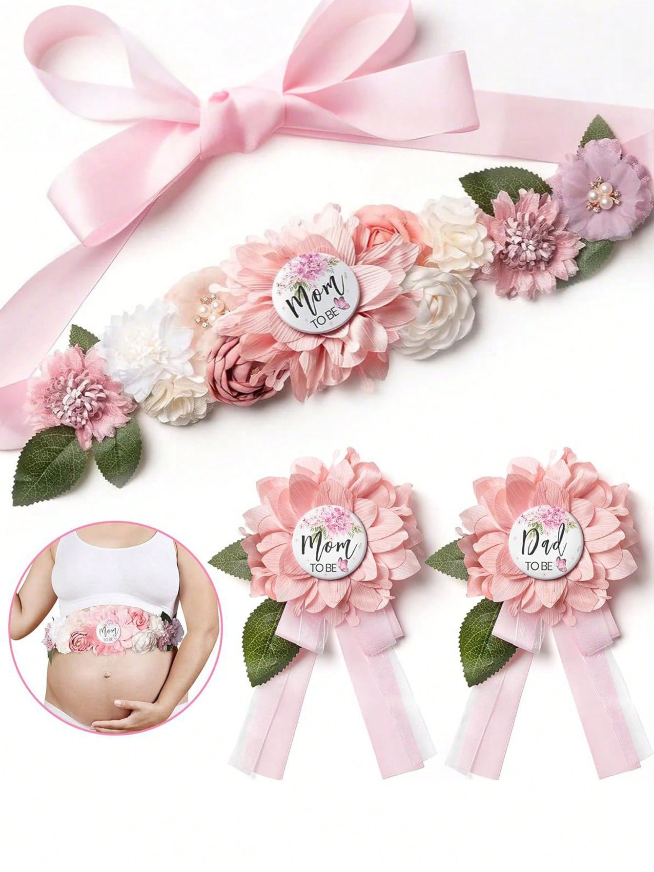 3pcs Set- Baby Shower Maternity Belly Band- Pink Floral Belly Band, Mom-To-Be & Dad-To-Be Corsage Pins, Gender Reveal Party, Welcome Baby Party, Maternity Floral Belly Band, Maternity Corsage Pins D