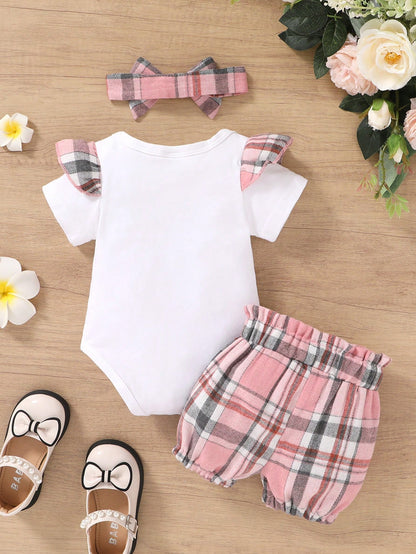 3pcs/Set Casual Sweet Elegant Cute Baby Girl Outfit Set, Soft & Comfortable, Cartoon Bear Embroidery Ruffled Romper And Plaid Sports Shorts With Headband