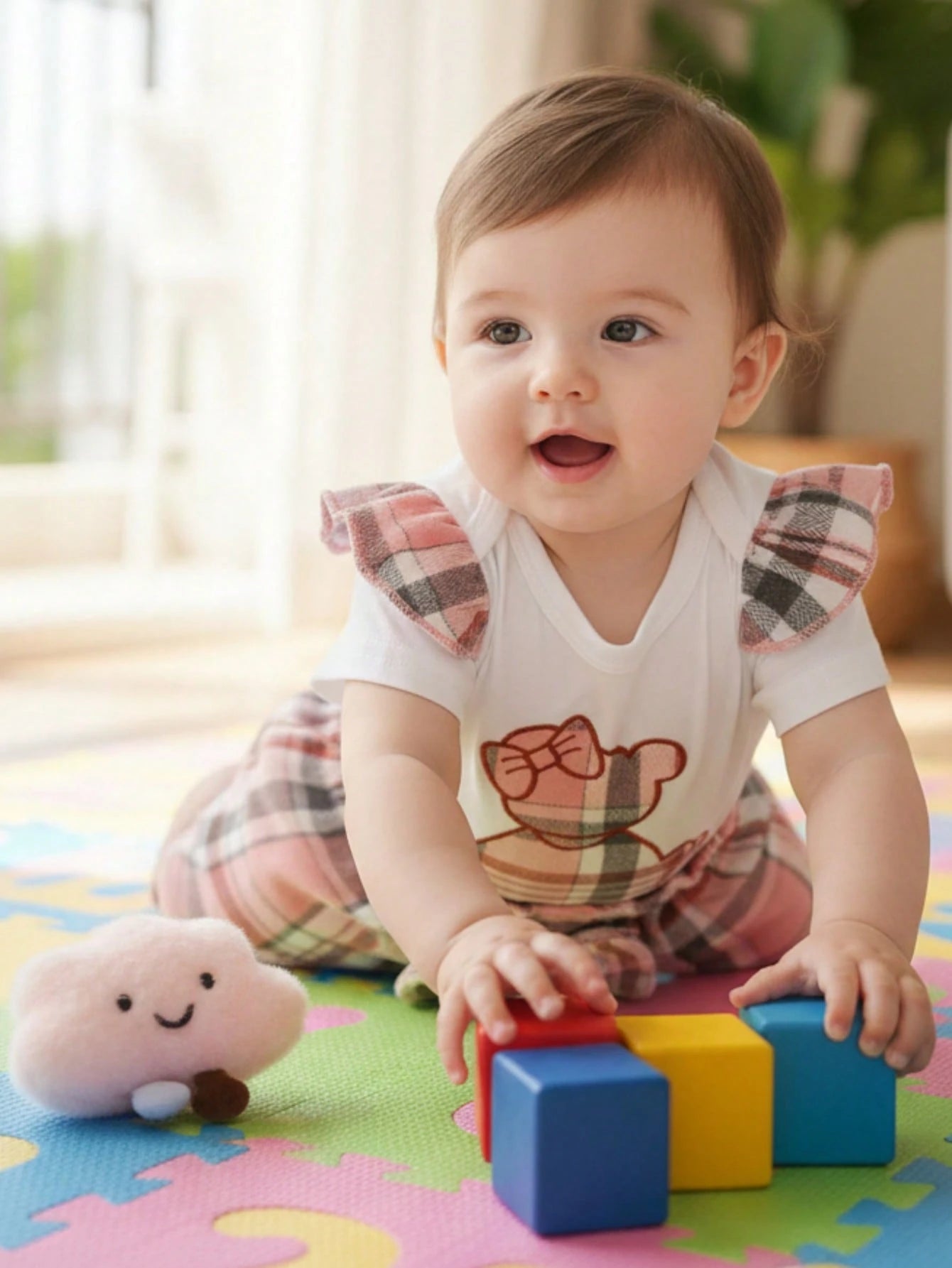 3pcs/Set Casual Sweet Elegant Cute Baby Girl Outfit Set, Soft & Comfortable, Cartoon Bear Embroidery Ruffled Romper And Plaid Sports Shorts With Headband