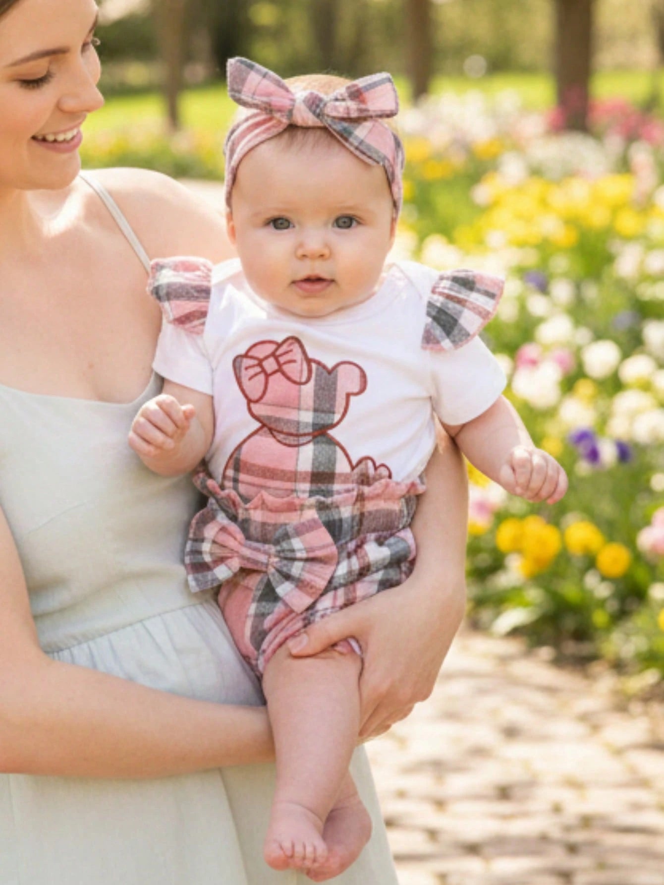3pcs/Set Casual Sweet Elegant Cute Baby Girl Outfit Set, Soft & Comfortable, Cartoon Bear Embroidery Ruffled Romper And Plaid Sports Shorts With Headband