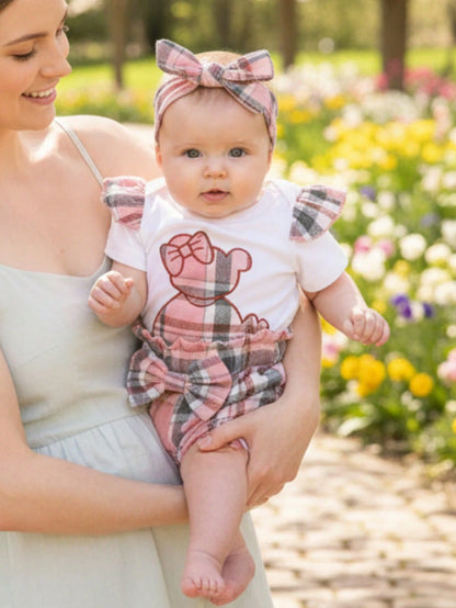3pcs/Set Casual Sweet Elegant Cute Baby Girl Outfit Set, Soft & Comfortable, Cartoon Bear Embroidery Ruffled Romper And Plaid Sports Shorts With Headband