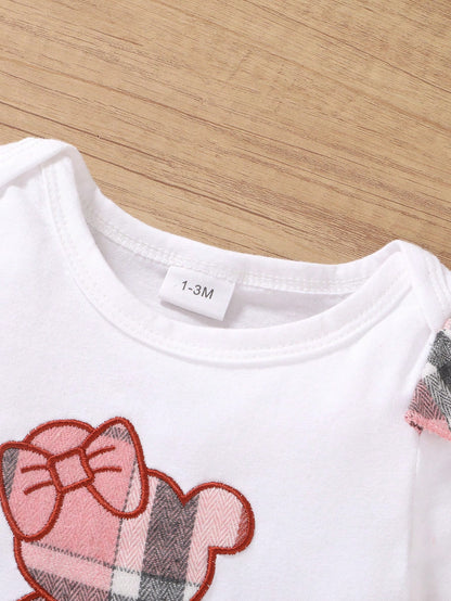 3pcs/Set Casual Sweet Elegant Cute Baby Girl Outfit Set, Soft & Comfortable, Cartoon Bear Embroidery Ruffled Romper And Plaid Sports Shorts With Headband