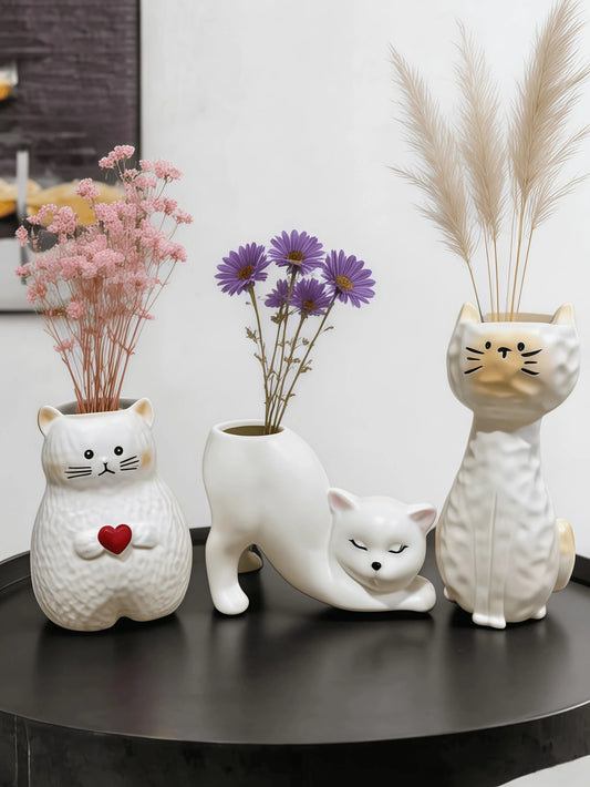3pcs/Set Cute Cat Shaped Vases, Cream White, Dried Flower Plant Holder Desktop Decor, Suitable For Windowsill, Desk, Bookshelf, Bedroom, Living Room, Japanese Cute Pastoral Style Home Decor, Housewarm