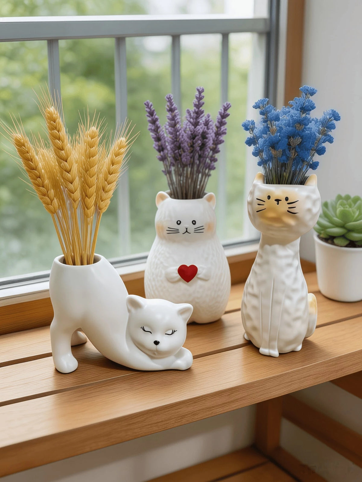 3pcs/Set Cute Cat Shaped Vases, Cream White, Dried Flower Plant Holder Desktop Decor, Suitable For Windowsill, Desk, Bookshelf, Bedroom, Living Room, Japanese Cute Pastoral Style Home Decor, Housewarm