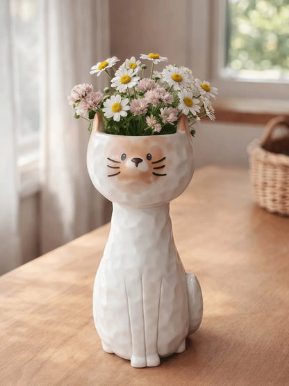 3pcs/Set Cute Cat Shaped Vases, Cream White, Dried Flower Plant Holder Desktop Decor, Suitable For Windowsill, Desk, Bookshelf, Bedroom, Living Room, Japanese Cute Pastoral Style Home Decor, Housewarm