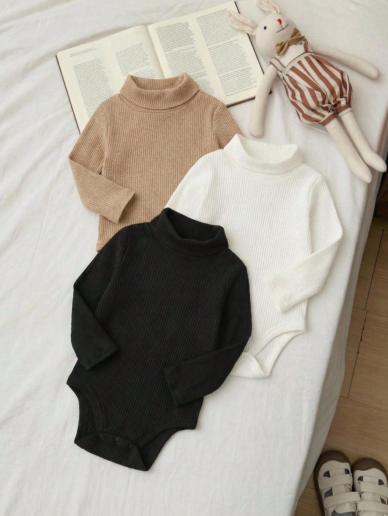3pcs/Set Newborn Baby Boy/Girl Ribbed Turtleneck Long Sleeve Winter Bodysuit,Black And White,Autumn,Basic,Sibling Matching Thick Warm Neutral Clothes