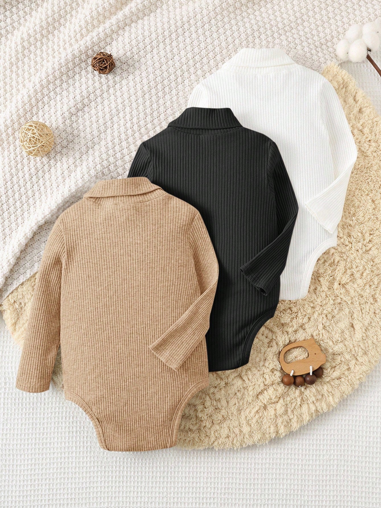 3pcs/Set Newborn Baby Boy/Girl Ribbed Turtleneck Long Sleeve Winter Bodysuit,Black And White,Autumn,Basic,Sibling Matching Thick Warm Neutral Clothes
