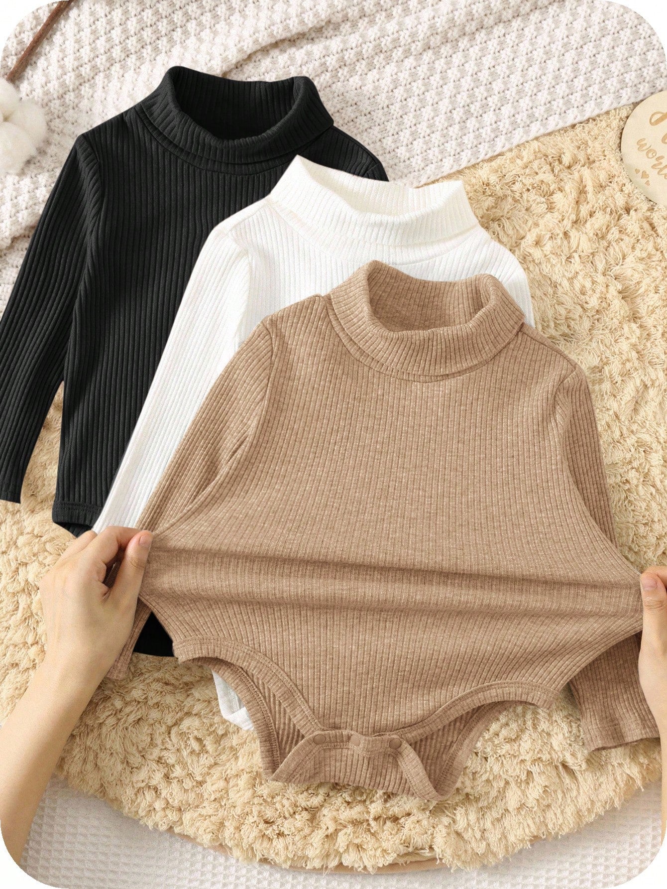 3pcs/Set Newborn Baby Boy/Girl Ribbed Turtleneck Long Sleeve Winter Bodysuit,Black And White,Autumn,Basic,Sibling Matching Thick Warm Neutral Clothes