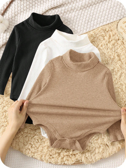 3pcs/Set Newborn Baby Boy/Girl Ribbed Turtleneck Long Sleeve Winter Bodysuit,Black And White,Autumn,Basic,Sibling Matching Thick Warm Neutral Clothes