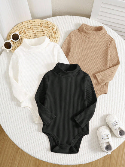 3pcs/Set Newborn Baby Boy/Girl Ribbed Turtleneck Long Sleeve Winter Bodysuit,Black And White,Autumn,Basic,Sibling Matching Thick Warm Neutral Clothes