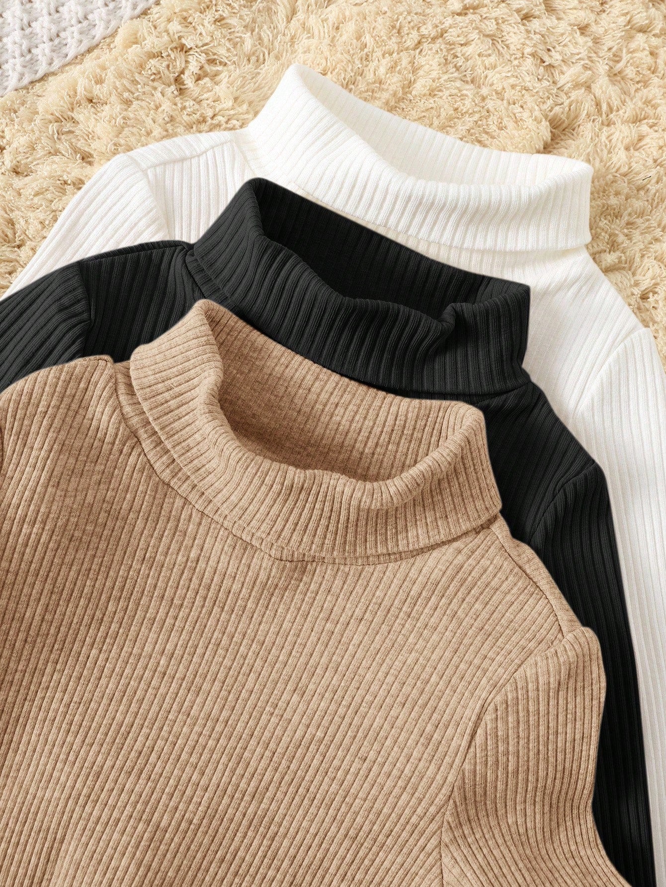 3pcs/Set Newborn Baby Boy/Girl Ribbed Turtleneck Long Sleeve Winter Bodysuit,Black And White,Autumn,Basic,Sibling Matching Thick Warm Neutral Clothes