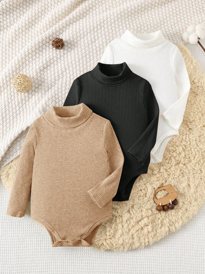 3pcs/Set Newborn Baby Boy/Girl Ribbed Turtleneck Long Sleeve Winter Bodysuit,Black And White,Autumn,Basic,Sibling Matching Thick Warm Neutral Clothes