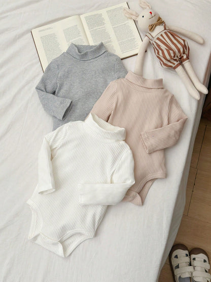3pcs/Set Newborn Baby Boy/Girl Ribbed Turtleneck Long Sleeve Winter Bodysuit,Black And White,Autumn,Basic,Sibling Matching Thick Warm Neutral Clothes