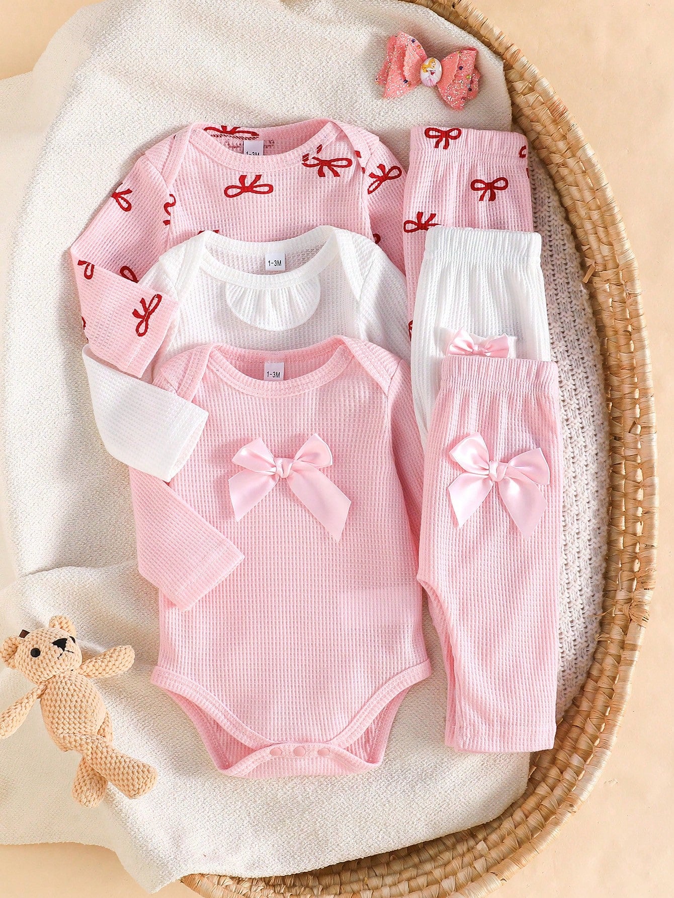 3pcs/Set Newborn Baby Girls Cute Bow Decor Long Sleeve Romper And Pocket Casual Pants Set