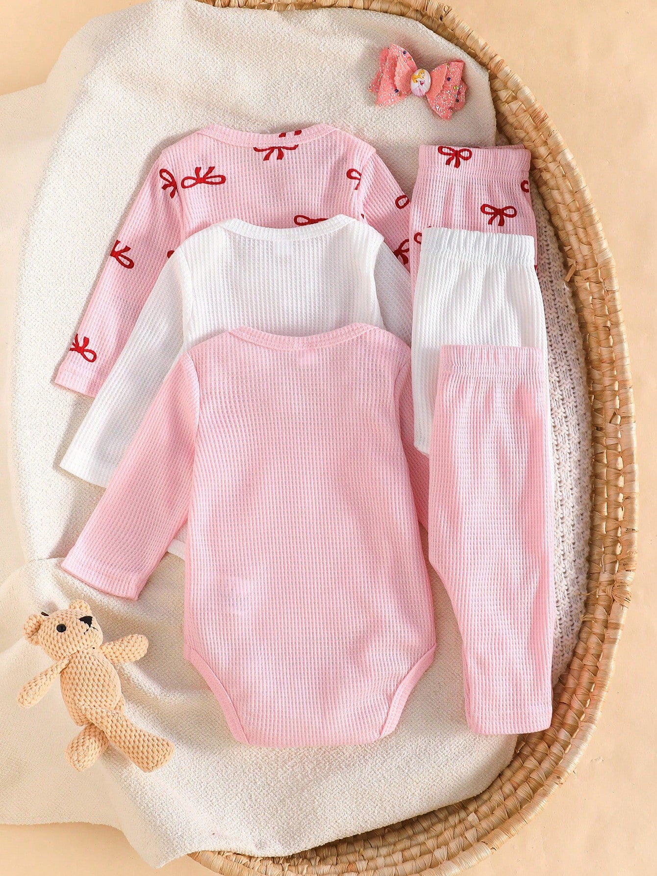 3pcs/Set Newborn Baby Girls Cute Bow Decor Long Sleeve Romper And Pocket Casual Pants Set
