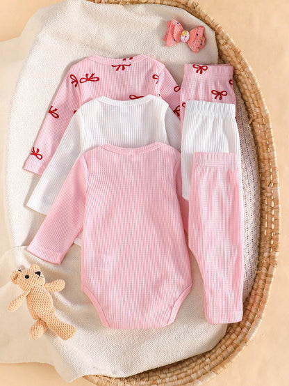 3pcs/Set Newborn Baby Girls Cute Bow Decor Long Sleeve Romper And Pocket Casual Pants Set