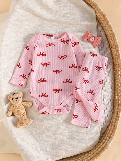 3pcs/Set Newborn Baby Girls Cute Bow Decor Long Sleeve Romper And Pocket Casual Pants Set