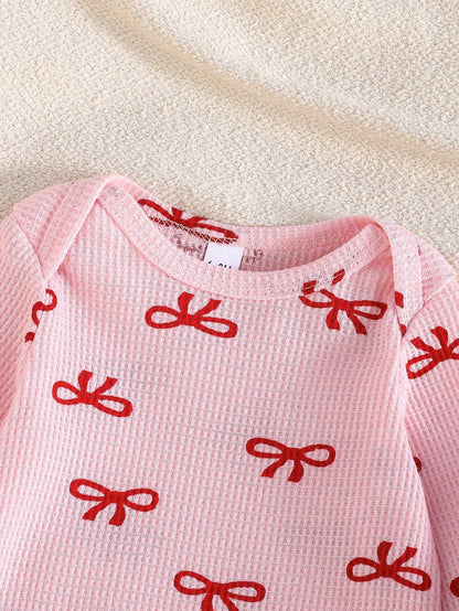 3pcs/Set Newborn Baby Girls Cute Bow Decor Long Sleeve Romper And Pocket Casual Pants Set
