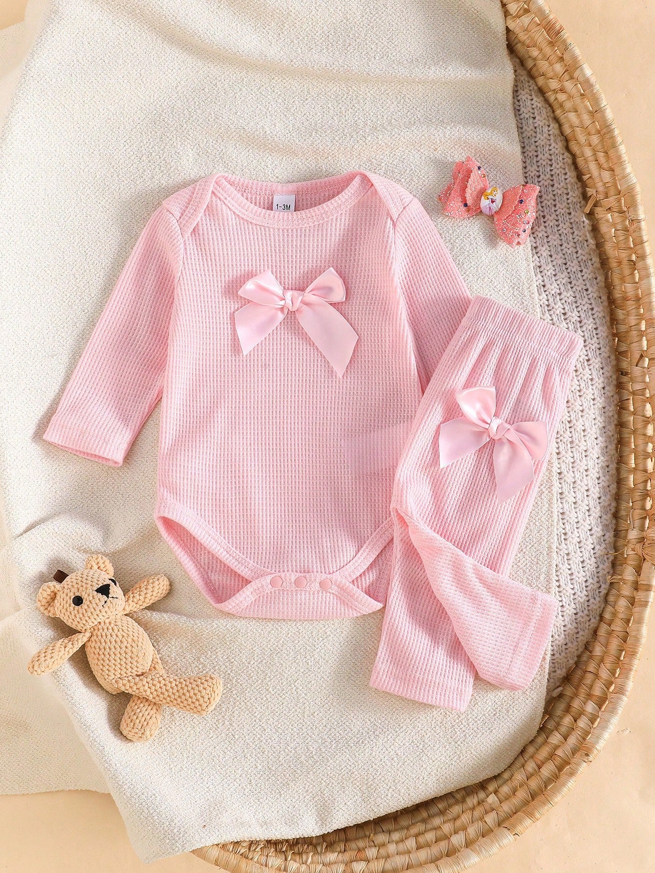 3pcs/Set Newborn Baby Girls Cute Bow Decor Long Sleeve Romper And Pocket Casual Pants Set