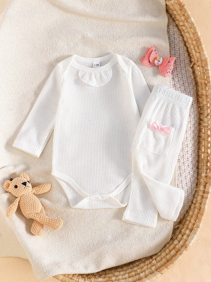 3pcs/Set Newborn Baby Girls Cute Bow Decor Long Sleeve Romper And Pocket Casual Pants Set