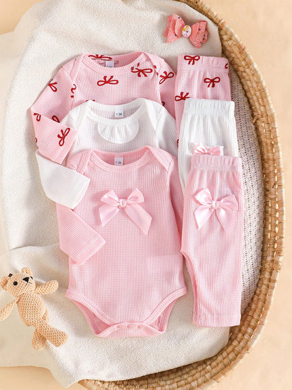 3pcs/Set Newborn Baby Girls Cute Bow Decor Long Sleeve Romper And Pocket Casual Pants Set