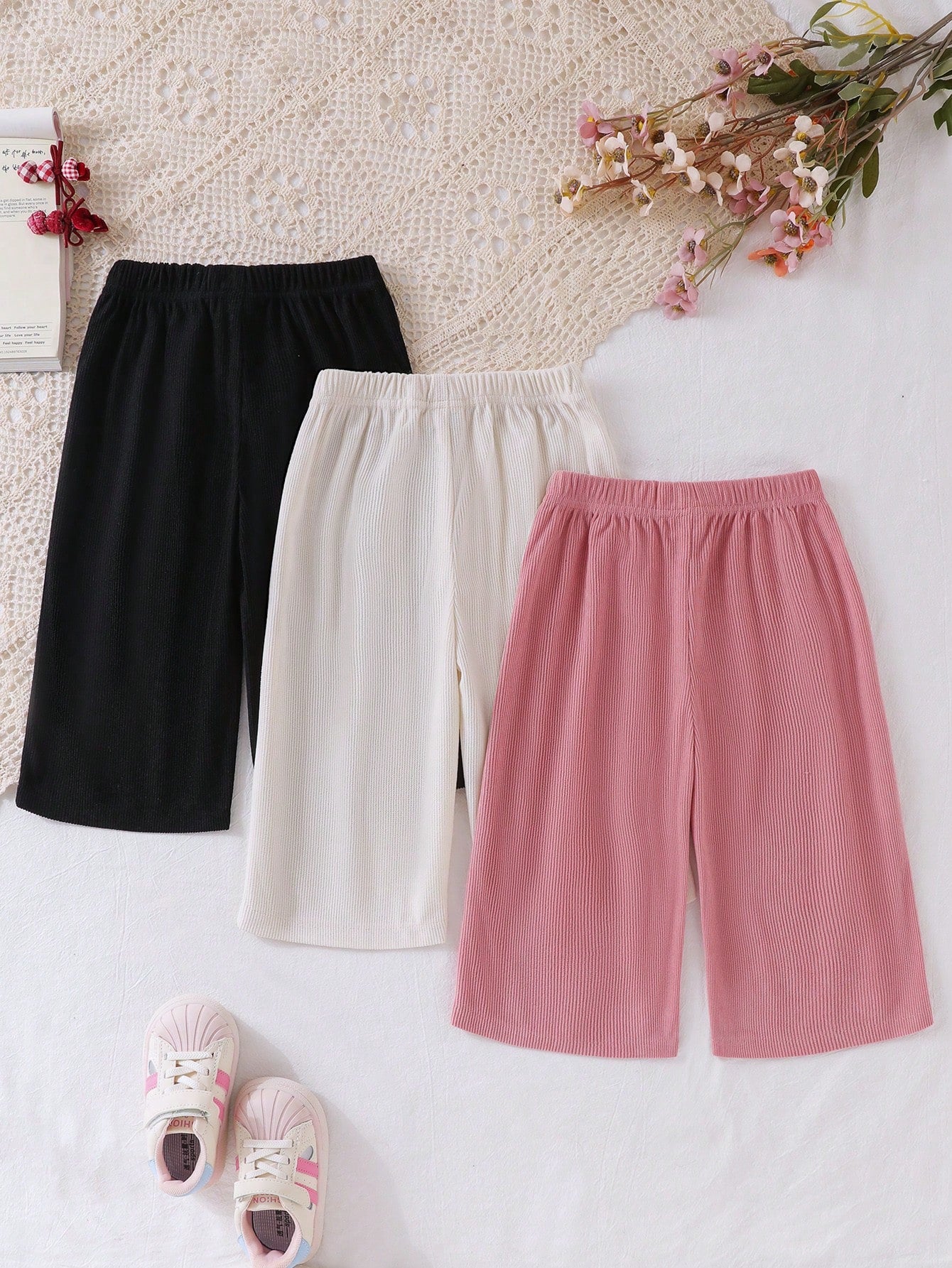 3pcs/Set Pink, Brown, Black Long Pants For Toddlers, Suitable For Autumn/Winter Daily Wear, Comfortable Outfit. Bowknot Elastic Waistband. Solid Color Corduroy Fabric. Multi-Color, High Cost-Performan