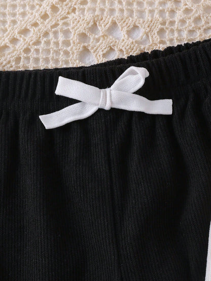 3pcs/Set Pink, Brown, Black Long Pants For Toddlers, Suitable For Autumn/Winter Daily Wear, Comfortable Outfit. Bowknot Elastic Waistband. Solid Color Corduroy Fabric. Multi-Color, High Cost-Performan