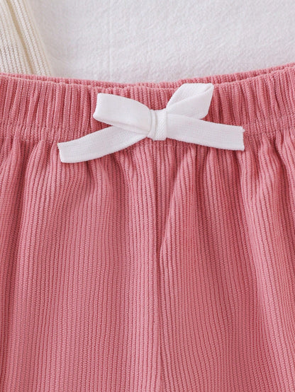 3pcs/Set Pink, Brown, Black Long Pants For Toddlers, Suitable For Autumn/Winter Daily Wear, Comfortable Outfit. Bowknot Elastic Waistband. Solid Color Corduroy Fabric. Multi-Color, High Cost-Performan