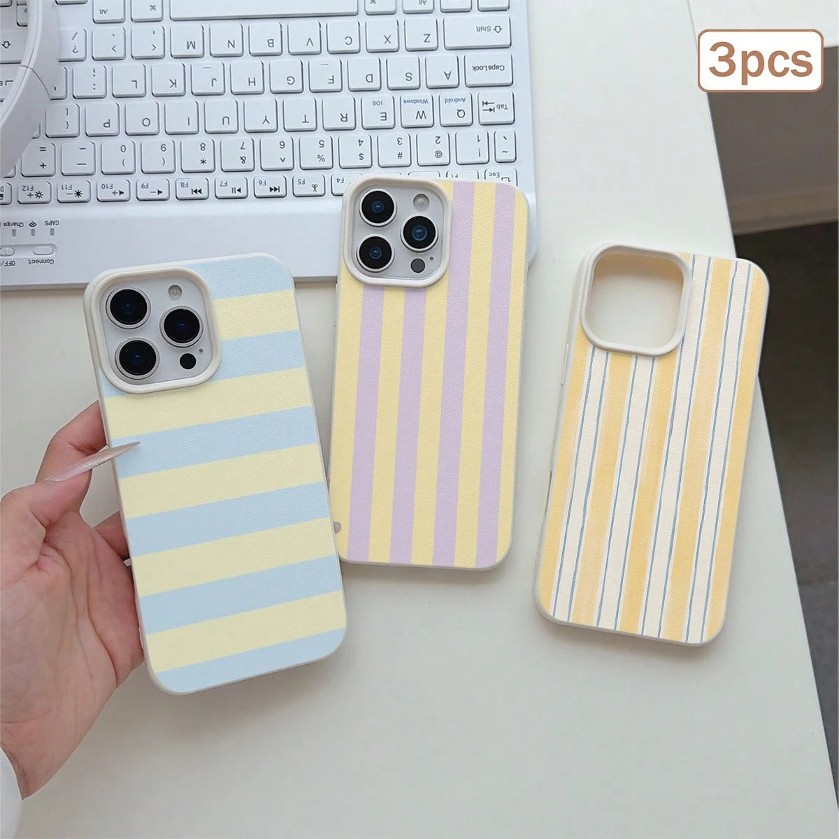 3pcs/Set Striped Printed Leather Texture TPU Shockproof Full Coverage Protective Phone Case Compatible With Apple 11/12/13/14/15/16/17 Pro Max