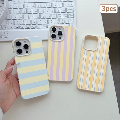 3pcs/Set Striped Printed Leather Texture TPU Shockproof Full Coverage Protective Phone Case Compatible With Apple 11/12/13/14/15/16/17 Pro Max