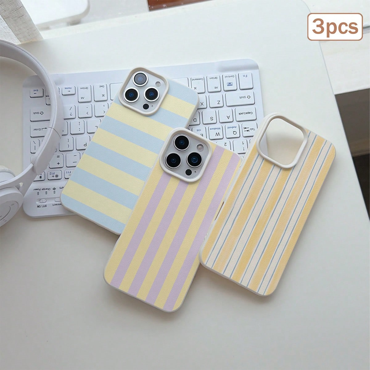 3pcs/Set Striped Printed Leather Texture TPU Shockproof Full Coverage Protective Phone Case Compatible With Apple 11/12/13/14/15/16/17 Pro Max