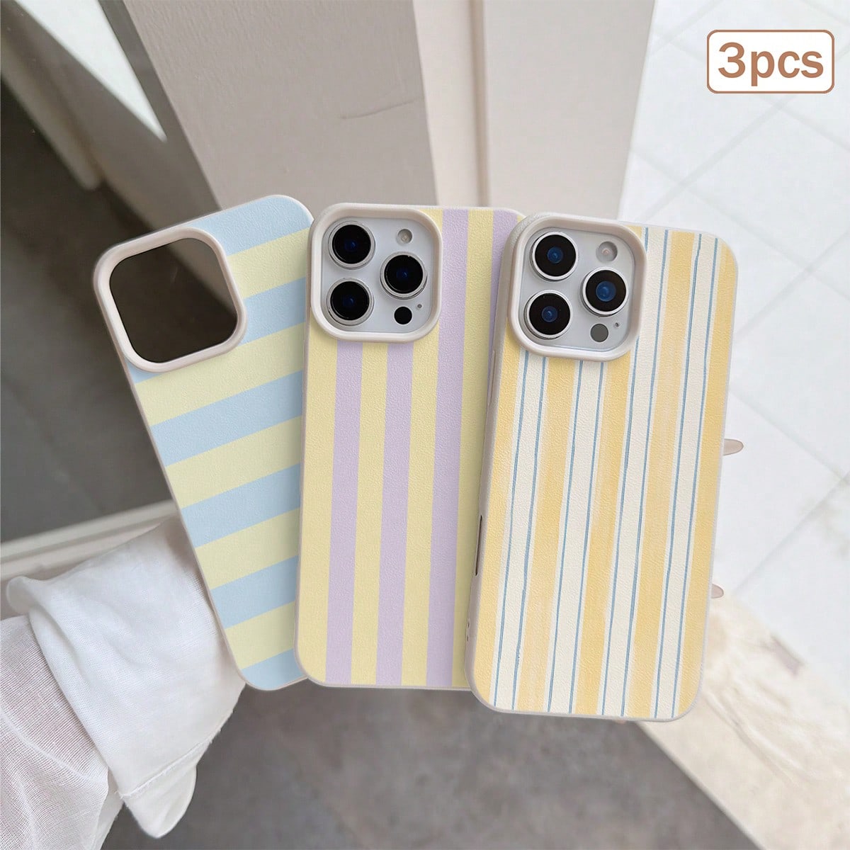 3pcs/Set Striped Printed Leather Texture TPU Shockproof Full Coverage Protective Phone Case Compatible With Apple 11/12/13/14/15/16/17 Pro Max
