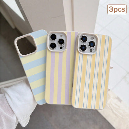 3pcs/Set Striped Printed Leather Texture TPU Shockproof Full Coverage Protective Phone Case Compatible With Apple 11/12/13/14/15/16/17 Pro Max