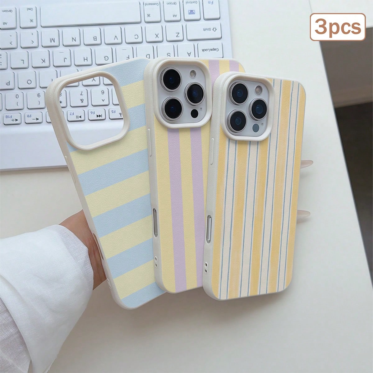 3pcs/Set Striped Printed Leather Texture TPU Shockproof Full Coverage Protective Phone Case Compatible With Apple 11/12/13/14/15/16/17 Pro Max