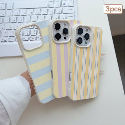 3pcs/Set Striped Printed Leather Texture TPU Shockproof Full Coverage Protective Phone Case Compatible With Apple 11/12/13/14/15/16/17 Pro Max
