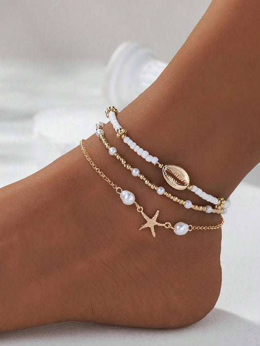 3pcs/Set Summer Beach Style Metal Starfish & Shell Beaded Anklet Set For Women, Boho Chic