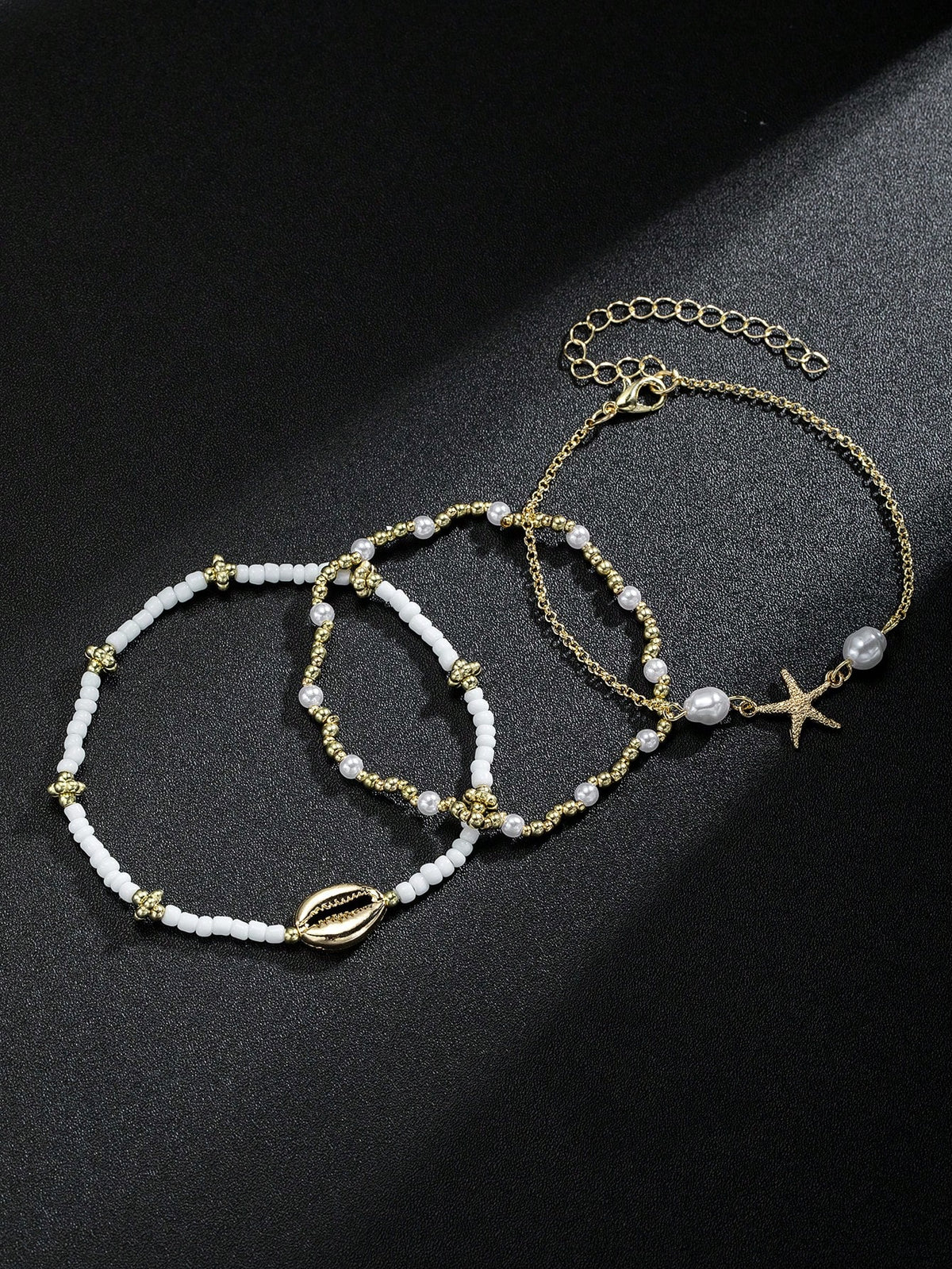 3pcs/Set Summer Beach Style Metal Starfish & Shell Beaded Anklet Set For Women, Boho Chic