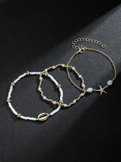 3pcs/Set Summer Beach Style Metal Starfish & Shell Beaded Anklet Set For Women, Boho Chic