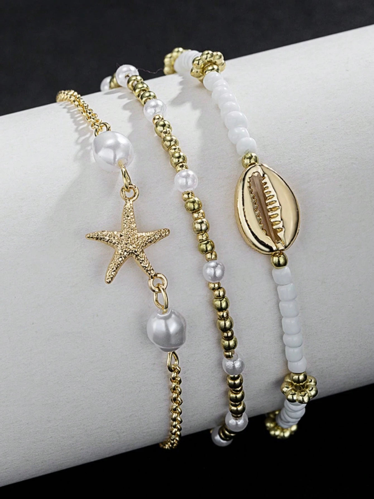 3pcs/Set Summer Beach Style Metal Starfish & Shell Beaded Anklet Set For Women, Boho Chic