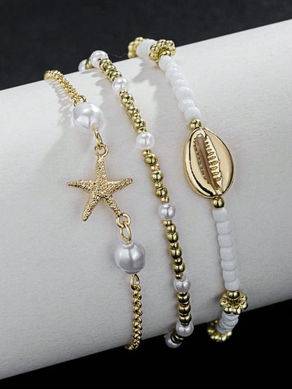3pcs/Set Summer Beach Style Metal Starfish & Shell Beaded Anklet Set For Women, Boho Chic