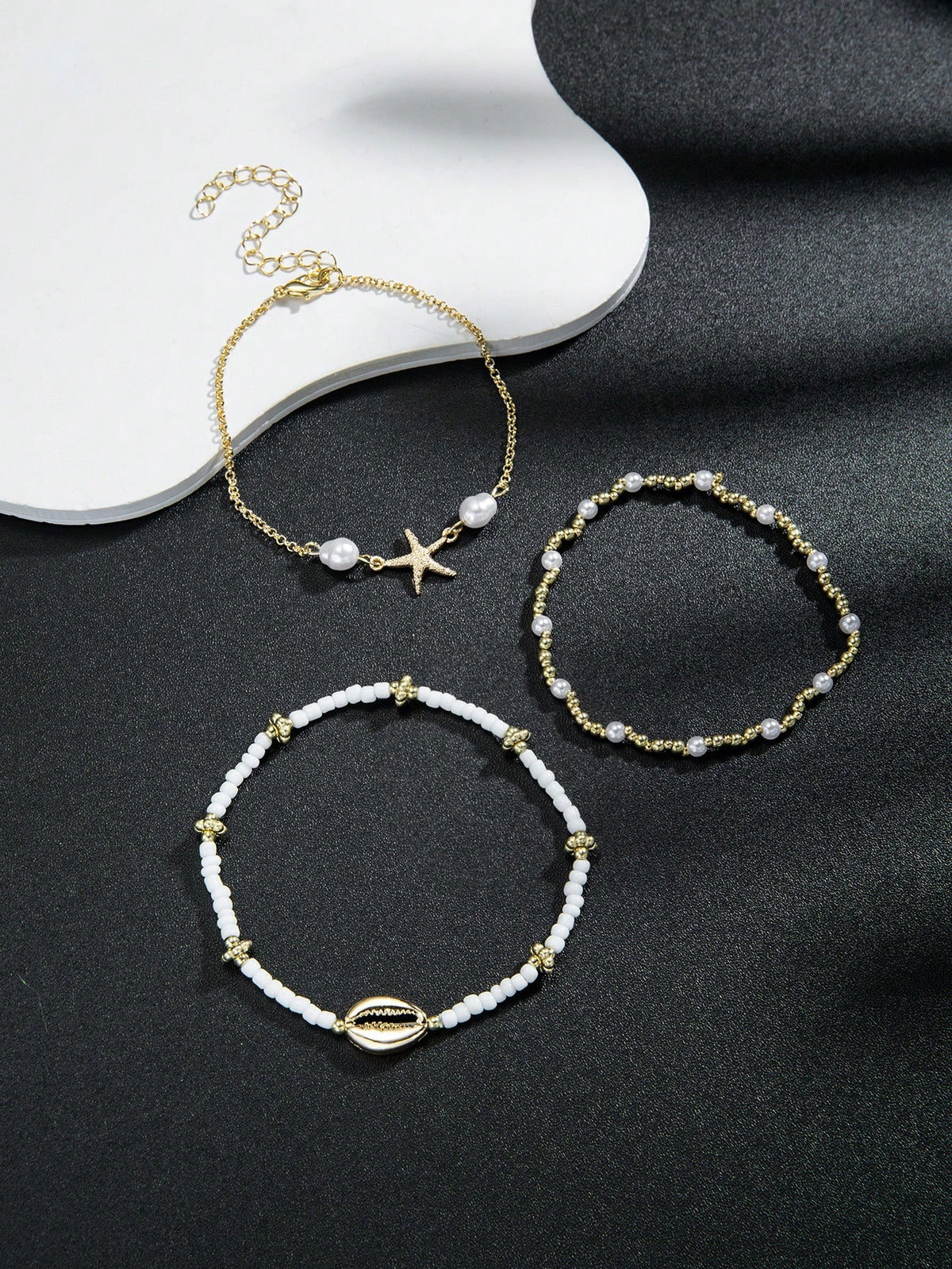 3pcs/Set Summer Beach Style Metal Starfish & Shell Beaded Anklet Set For Women, Boho Chic