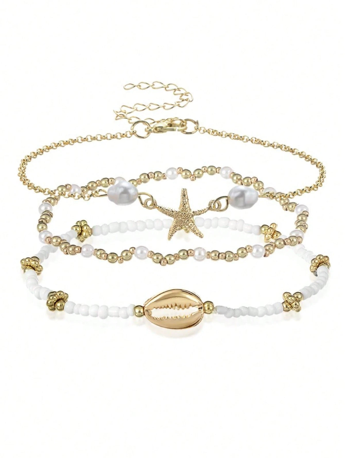 3pcs/Set Summer Beach Style Metal Starfish & Shell Beaded Anklet Set For Women, Boho Chic