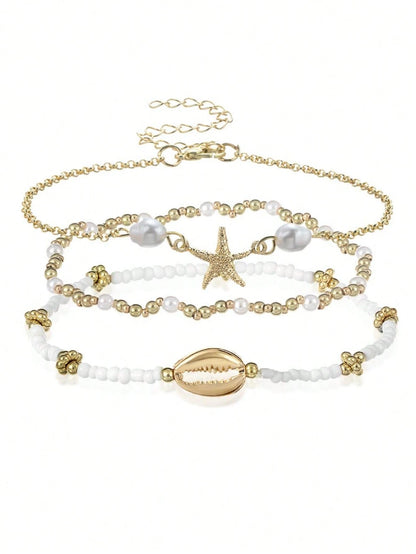 3pcs/Set Summer Beach Style Metal Starfish & Shell Beaded Anklet Set For Women, Boho Chic